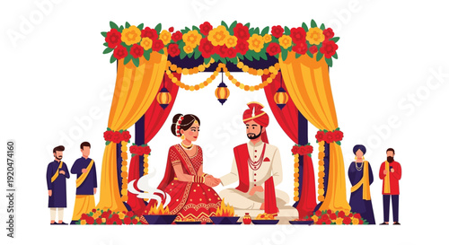 An indian wedding ceremony under a floral mandap with a couple exchanging vows a vibrant scene silhouette high quality professional