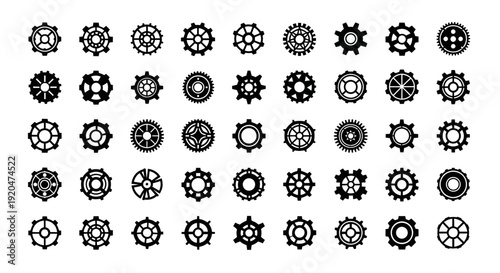 Collection of Diverse Gear Icons and Symbols for Mechanical and Industrial Concepts