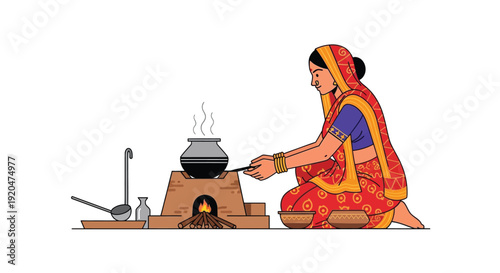 A colorful illustration depicts a woman cooking outdoors over a fire showcasing a distinct silhouette high quality professional detailed modern elegant