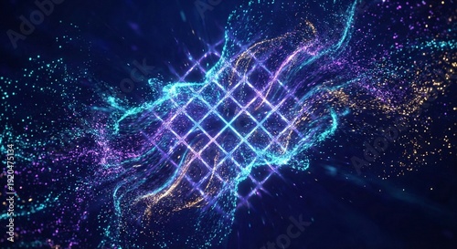 Glowing Quantum Energy Swirl and Digital Tech Grid