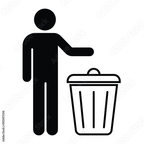 Black silhouette icon showing a person disposing of waste in a trash can with an open lid. Professional graphic for sanitation and housekeeping.