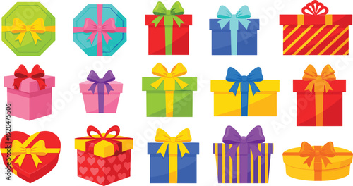 Colorful collection of gift box vector icons with ribbons and bows for birthday, Christmas, Valentine's Day, wedding celebration, and holiday shopping promotion.