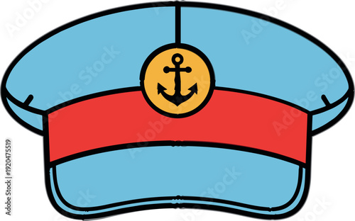Cartoon sailor captain hat with anchor emblem and red band isolated on white background, nautical marine uniform vector illustration