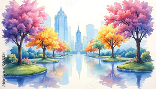 Vibrant city park with colorful trees.