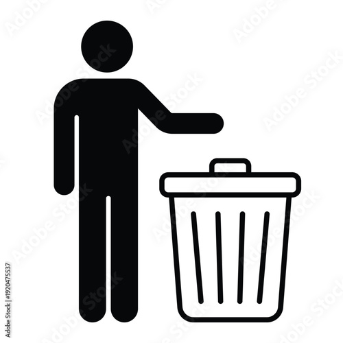 Black silhouette icon showing a person disposing of waste in a trash can with an open lid. Professional graphic for sanitation and housekeeping.