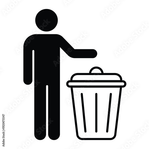 Black silhouette icon showing a person disposing of waste in a trash can with an open lid. Professional graphic for sanitation and housekeeping.