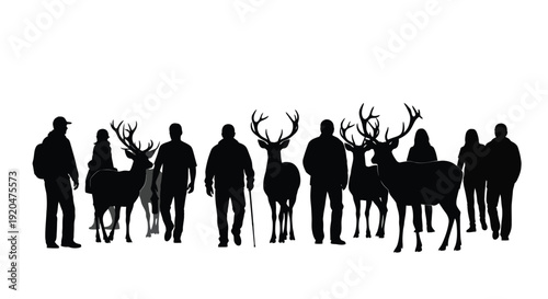 A striking line of people and deer are presented in dark shapes against a bright background silhouette high quality professional detailed
