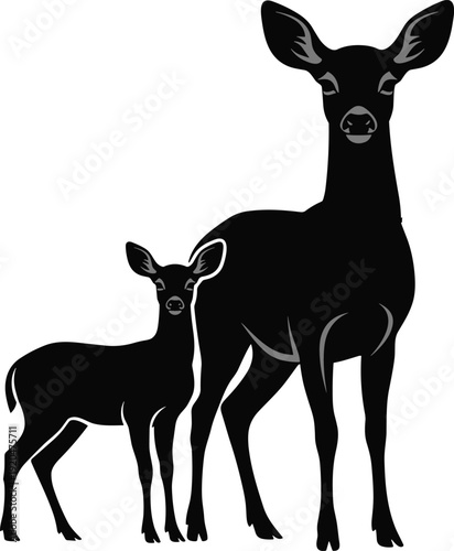 Deer silhouette illustration, adult and fawn side by side, wildlife art, nature inspired design, animal vector artwork, family concept - flavector
