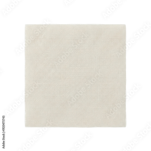 Close up of a textured off white woven fabric square on transparent background