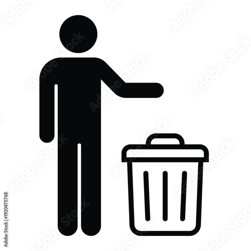 Black silhouette icon showing a person disposing of waste in a trash can with an open lid. Professional graphic for sanitation and housekeeping.