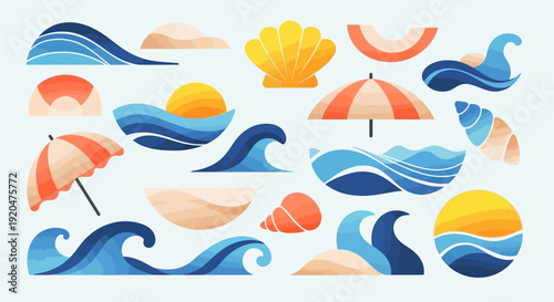 Summer Beach Icons: Waves, Sun, Shells, and Parasols