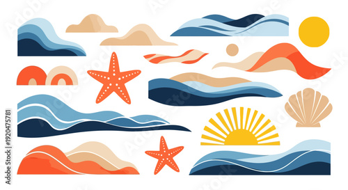 Summer beach elements vector set. Sea waves, sun, starfish
