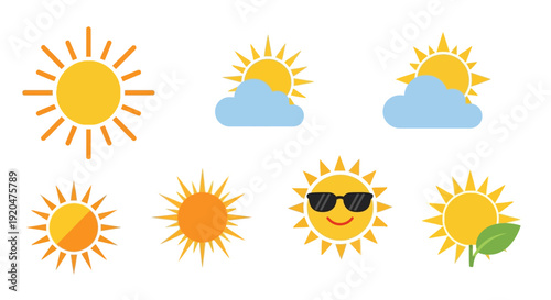 Summer sun icons set, sunshine weather symbols