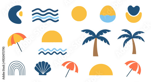 Summer vacation icons set, beach holiday elements
