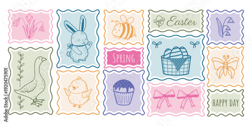 A set of spring holiday stamps featuring hand-drawn spring and Easter elements in colored ink. A simple, minimalist vector illustration
