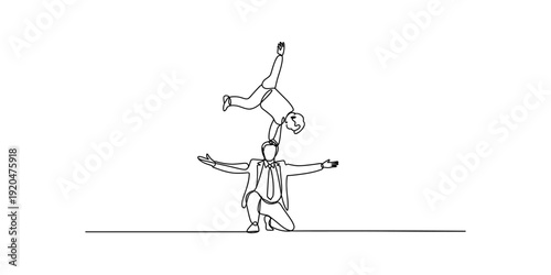 A minimalist line drawing of a man in a business suit balancing another person on his head. Vector, illustration