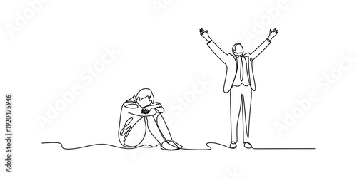 Continuous line drawing of a person sitting in despair and another standing in triumph. Vector, illustration