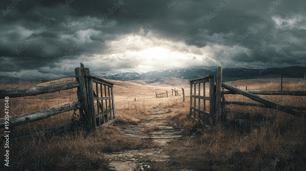 Obraz premium A weathered wooden gate opens to a sunlit vista beyond a rustic fence.