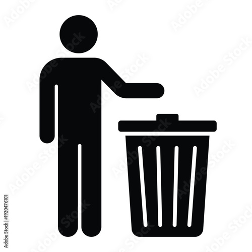 Black silhouette icon showing a person disposing of waste in a trash can with an open lid. Professional graphic for sanitation and housekeeping.