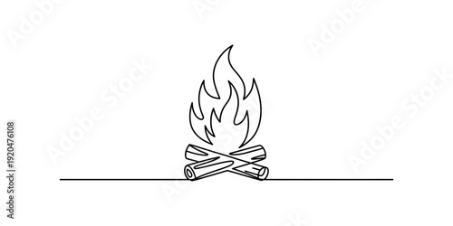 Minimalist one line illustration of a small campfire with wooden logs and flames Vector, illustration