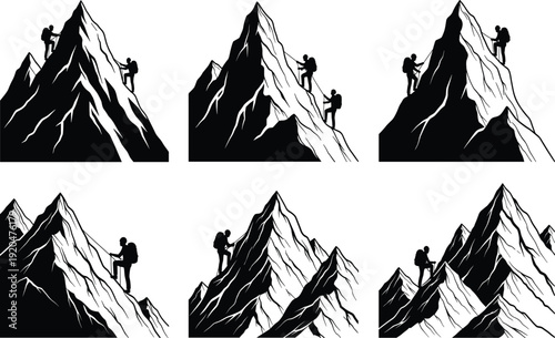 Mountain climbing illustration, climbers ascending jagged peaks, adventure sport artwork, exploration concept, perseverance design, rugged terrain vector - flavector