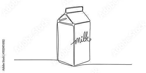 Minimalist black and white line drawing of a classic milk carton with cursive text label Vector, illustration