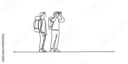 Continuous line drawing of two backpackers standing together with one looking through binoculars. Vector, illustration