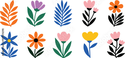 Modern Minimal Floral Vector Icons Set with Abstract Botanical Flowers and Leaves Flat Colorful Scandinavian Illustration Design