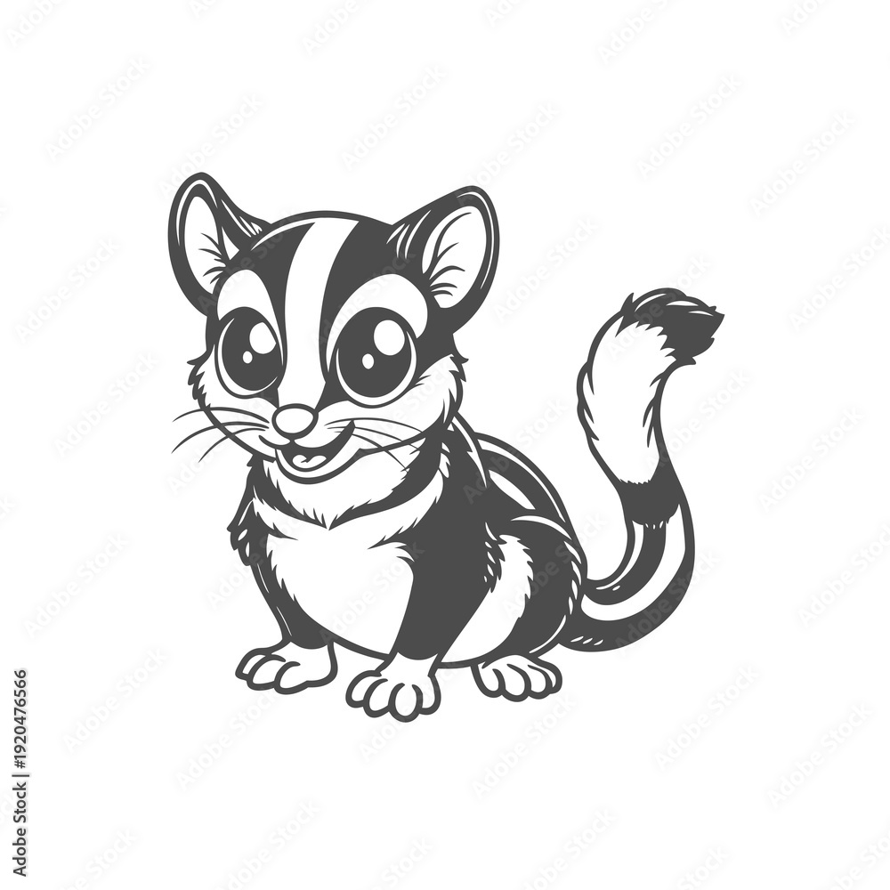 Obraz premium A cute cartoon black and white striped sugar glider with big eyes and a happy expression.