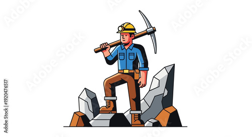A pixel art illustration depicts a miner with a pickaxe standing on rocks showcasing a striking silhouette high quality professional detailed