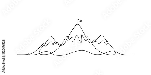Continuous line drawing of mountain range with a flag on the tallest peak representing success. Vector, illustration