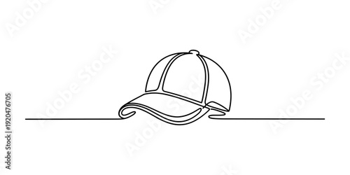 Single continuous line drawing of a baseball cap isolated on a white background. Vector, illustration