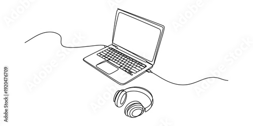 Minimalist continuous line drawing of a modern laptop and wireless headphones set Vector, illustration