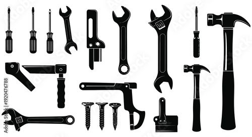A collection of various hand tools including wrenches screwdrivers and a hammer depicted in black silhouette high quality professional detailed modern