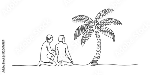 Continuous line drawing of a couple sitting on a beach next to a palm tree under a clear sky. Vector, illustration