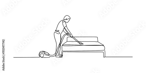 Continuous line drawing of a person cleaning a bed with a vacuum cleaner in a simple style. Vector, illustration