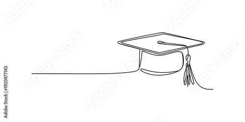 Continuous one line drawing of a graduation cap with a tassel on a white background. Vector, illustration