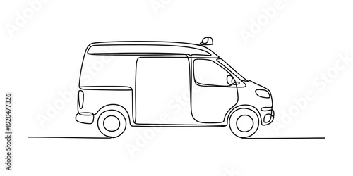 Single continuous line drawing of a commercial delivery van for transport and logistics services Vector, illustration