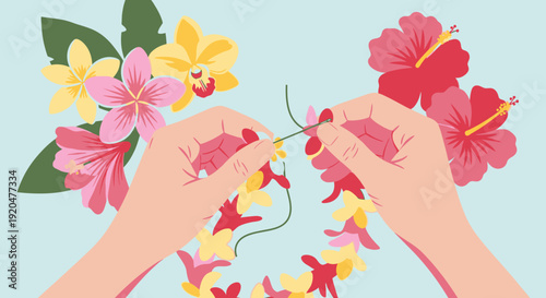 Hands carefully stringing together a vibrant lei with colorful tropical flowers like hibiscus and orchids.