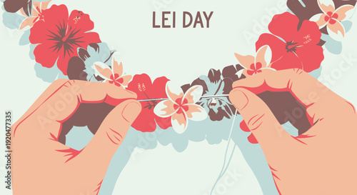 Hands carefully stringing vibrant red and white flowers to create a traditional Lei for Lei Day celebration.