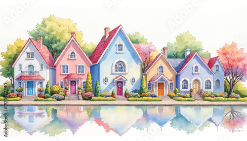 Colorful houses by a serene lake.