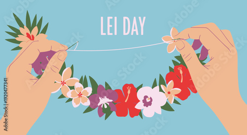 Hands crafting a vibrant lei with colorful flowers and green leaves, celebrating Lei Day.