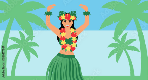 A vibrant illustration of a woman performing a traditional Hawaiian hula dance on a tropical beach with palm trees and the ocean in the background.
