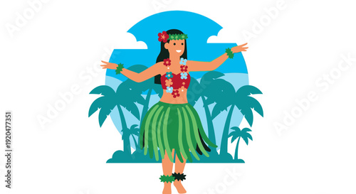 A vibrant illustration of a woman in traditional Hawaiian attire performing a hula dance amidst palm trees and a tropical sky.