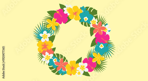 A vibrant circular floral wreath composed of tropical flowers and green leaves on a pale yellow background, evoking a sense of summer and celebration.