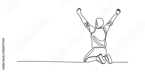 Continuous line drawing of a victorious sportsman kneeling on the ground with arms raised high. Vector, illustration