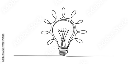 Continuous line drawing of a light bulb with decorative loops representing light rays on white. Vector, illustration