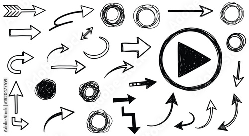 A collection of hand drawn arrows circles and a play button all in a dark expressive silhouette high quality professional detailed modern