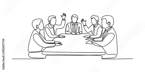 Continuous line drawing of a business meeting with people sitting around a table discussing ideas Vector, illustration