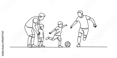 Continuous line drawing of a happy family playing soccer together on a sunny day Vector, illustration